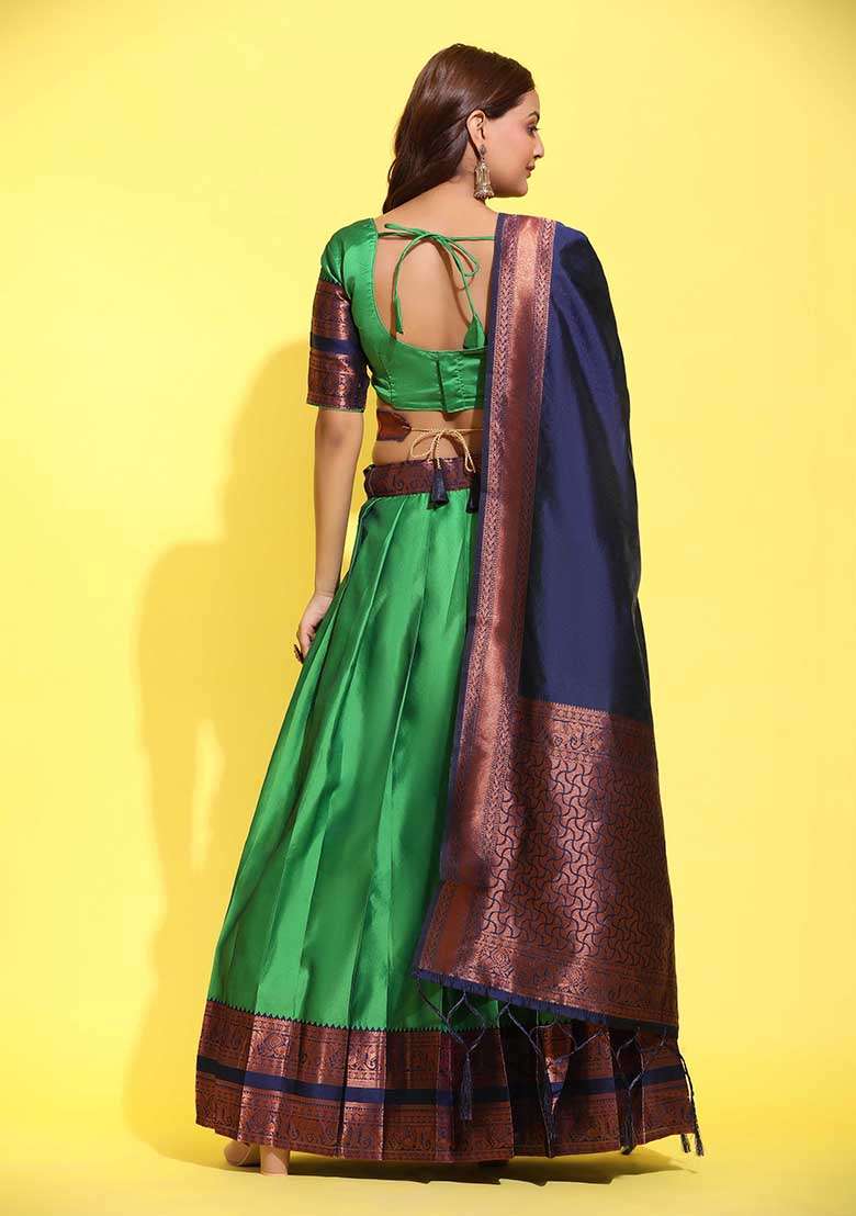Green Zari Work Silk Blend Lehenga Set for Diwali and Festive Wear - Indya