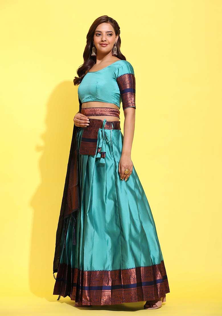 Aqua Zari Work Silk Lehenga Set - Indya