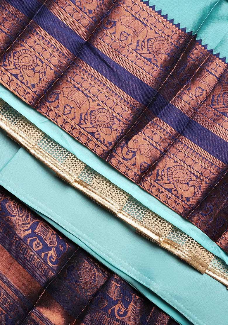 Aqua Zari Work Silk Lehenga Set - Indya