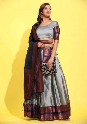 Grey Zari Work Silk Lehenga Set