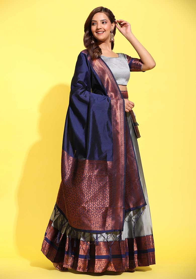 Grey Zari Work Silk Lehenga Set - Indya