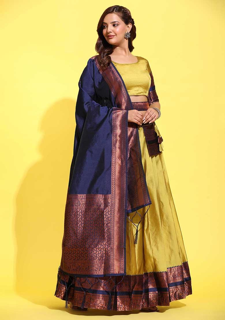 Mustard Zari Work Silk Lehenga Set - Indya
