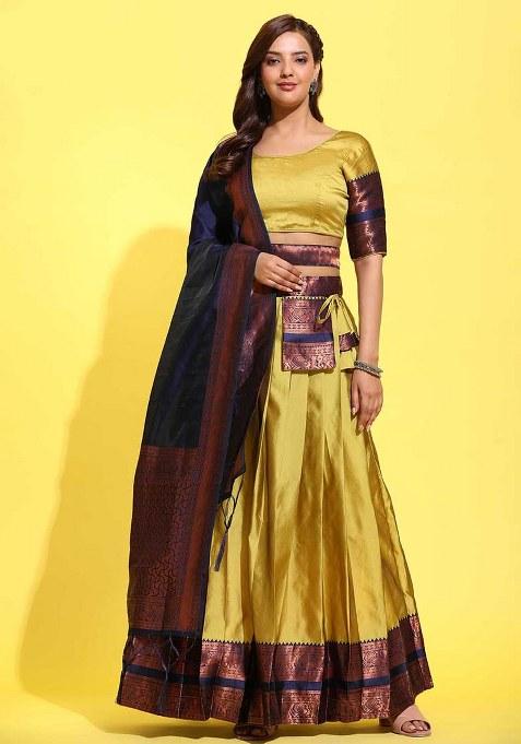 Mustard Zari Work Silk Lehenga Set