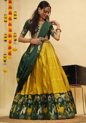 Mustard Zari Work Silk Lehenga Set