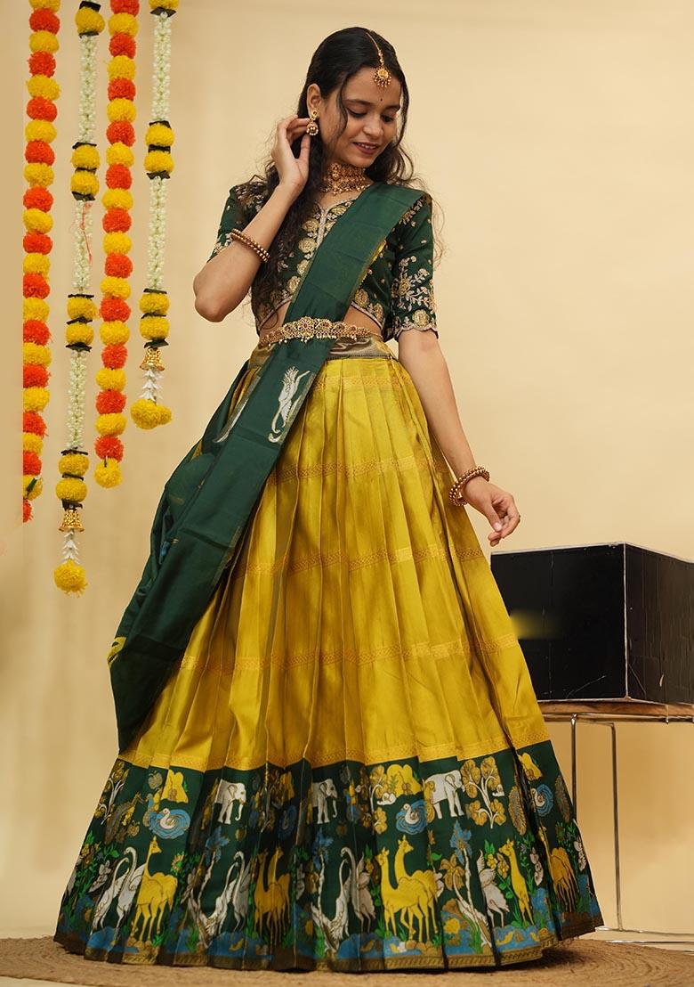 Mustard Zari Work Silk Lehenga Set - Indya