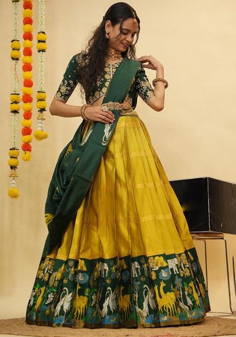 Mustard Zari Work Silk Lehenga Set