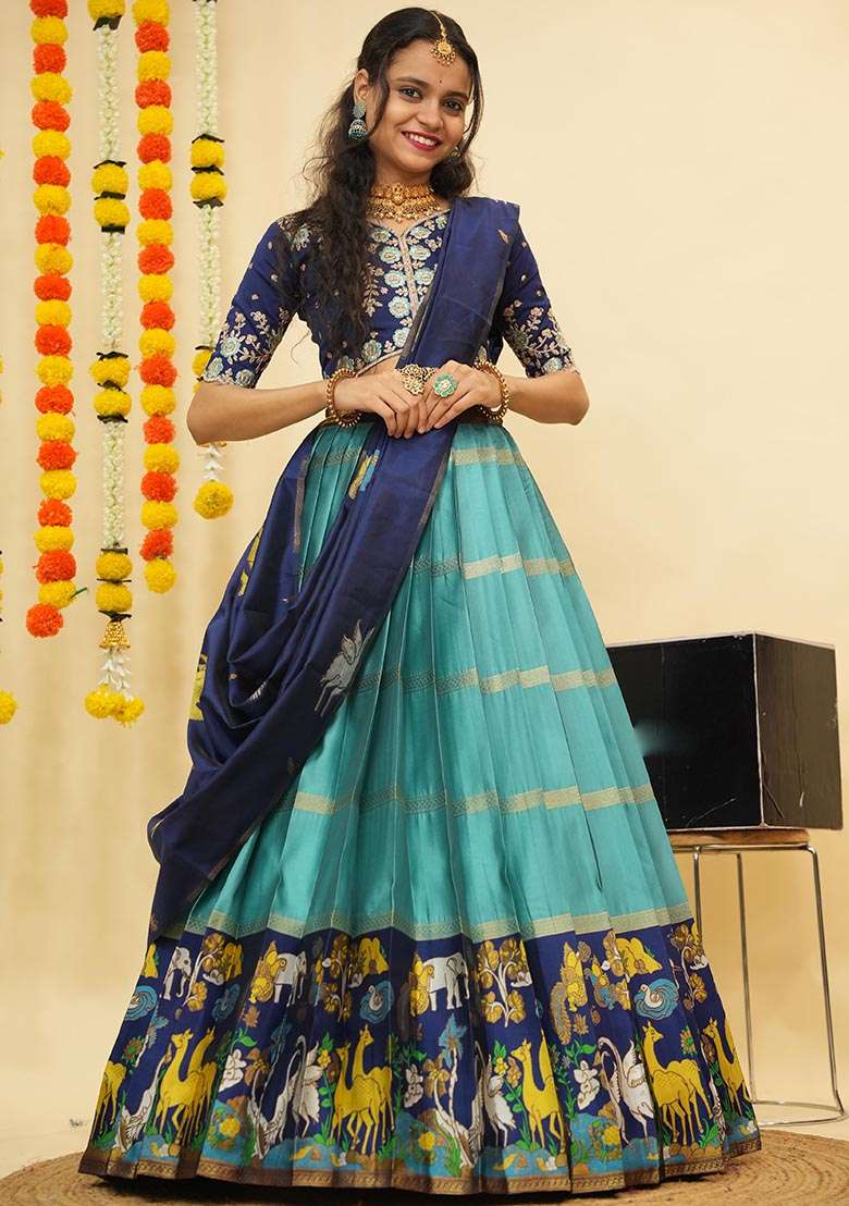 Sky Blue Silk Blend Lehenga Set with Zari Work for Diwali | Wedding & Festive Wear - Indya