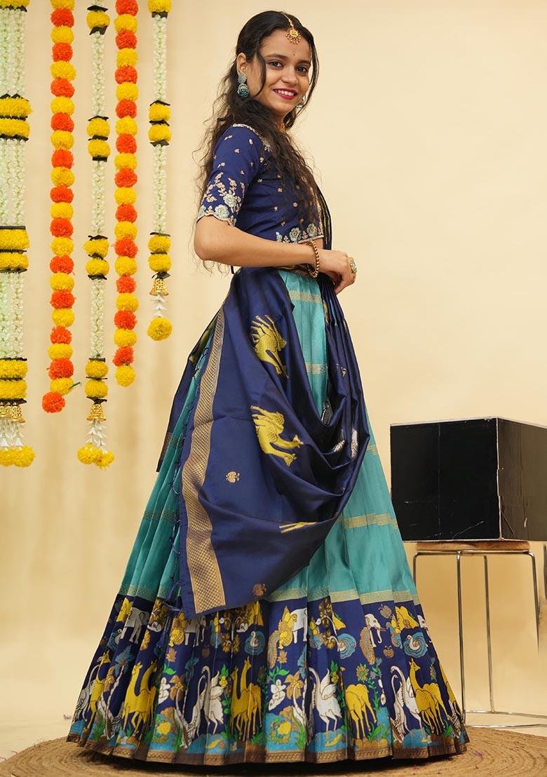 Sky Blue Zari Work Silk Lehenga Set - Indya