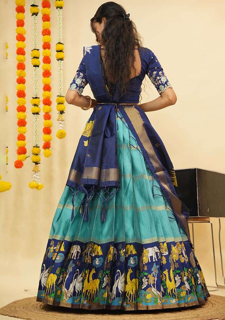 Sky Blue Silk Blend Lehenga Set with Zari Work for Diwali | Wedding & Festive Wear - Indya