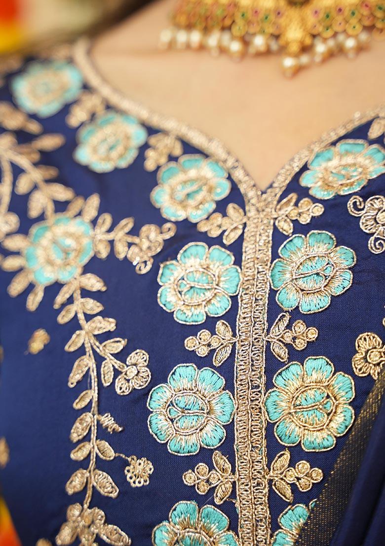 Sky Blue Zari Work Silk Lehenga Set - Indya