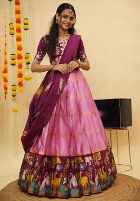 Pink Zari Work Silk Lehenga Set