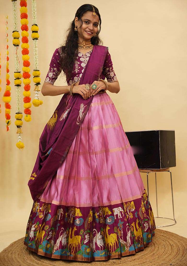 Pink Zari Work Silk Blend Lehenga Set for Diwali and Festive Wear - Indya