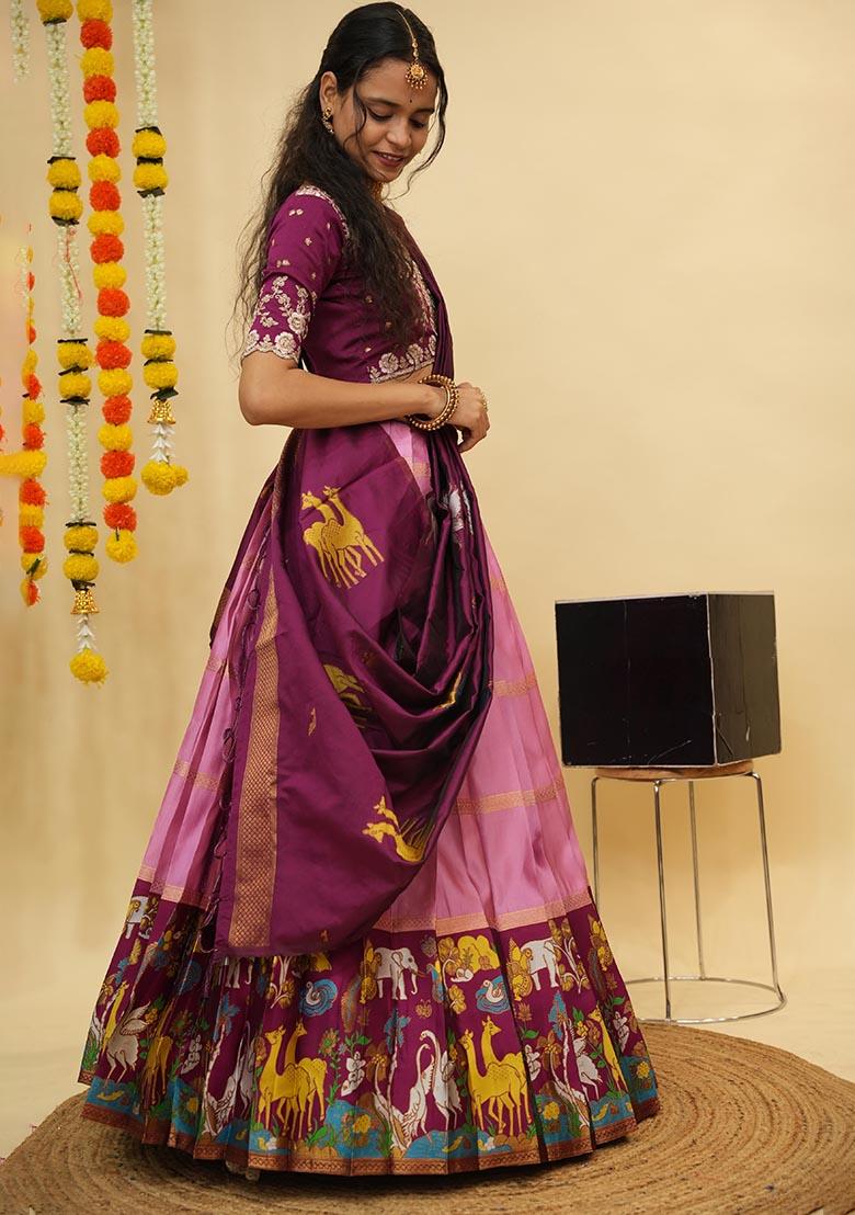 Pink Zari Work Silk Lehenga Set - Indya
