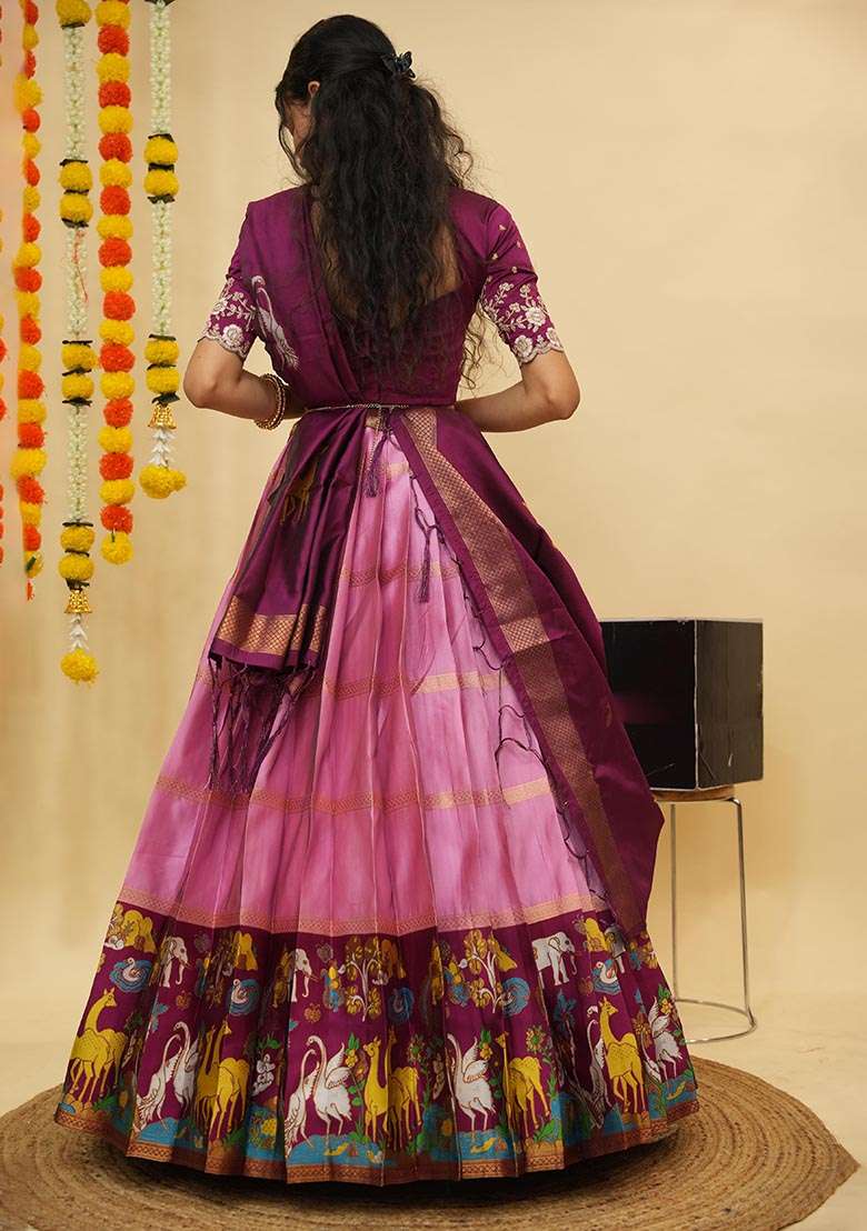Pink Zari Work Silk Blend Lehenga Set for Diwali and Festive Wear - Indya