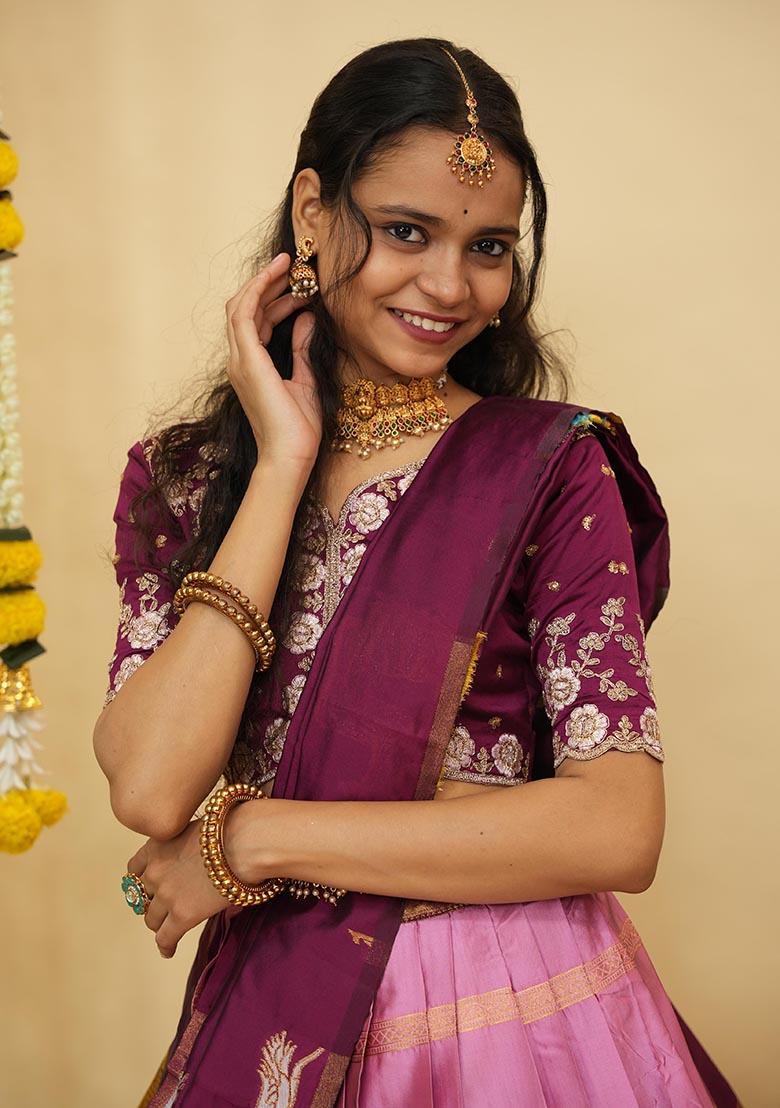 Pink Zari Work Silk Lehenga Set - Indya