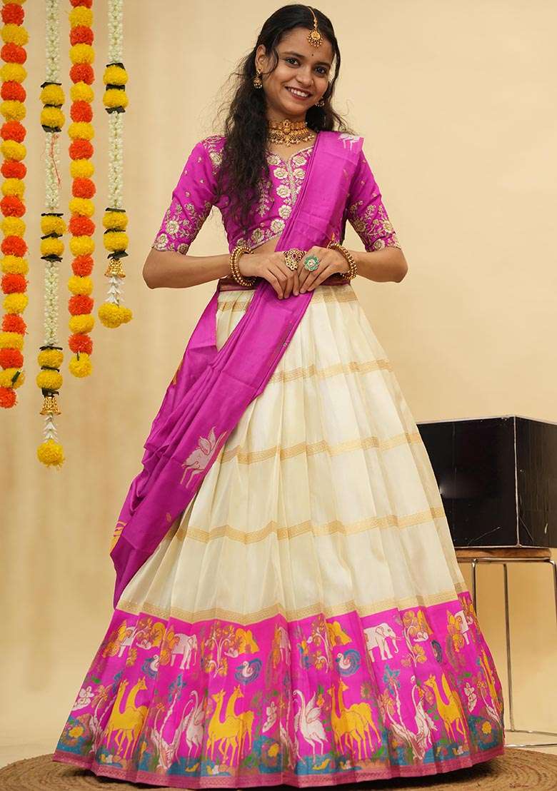 Off White Silk Blend Lehenga Set with Zari Work for Diwali | Wedding & Festive Wear - Indya