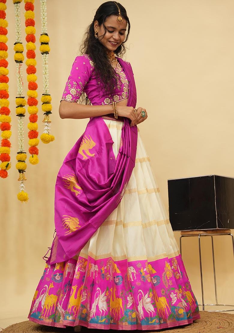 Off White Zari Work Silk Lehenga Set - Indya