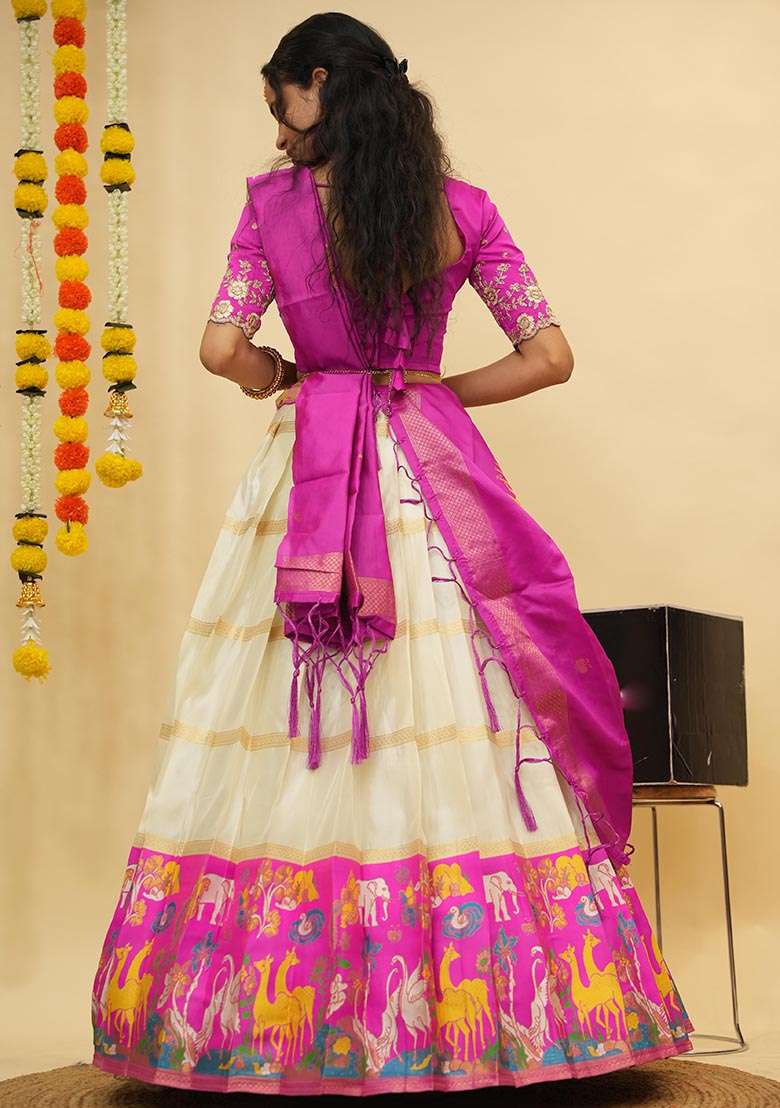 Off White Silk Blend Lehenga Set with Zari Work for Diwali | Wedding & Festive Wear - Indya