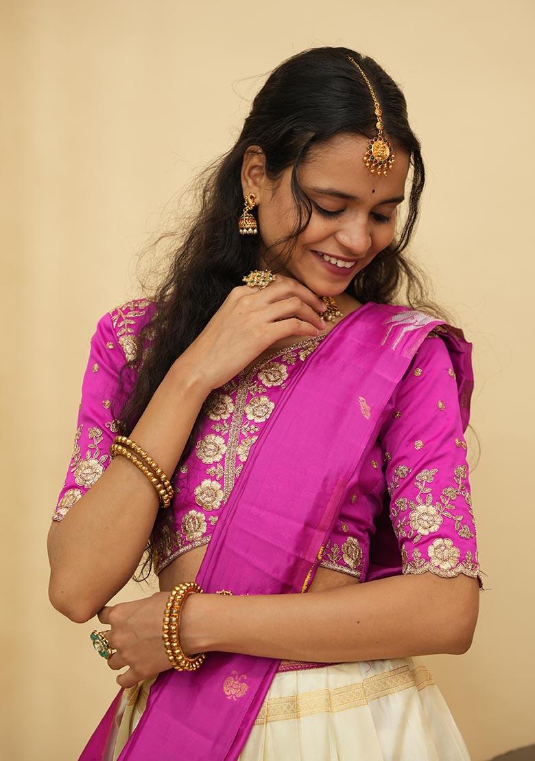 Off White Zari Work Silk Lehenga Set - Indya