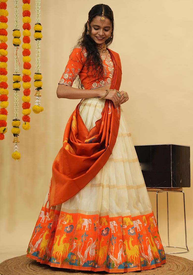 Off White Silk Blend Lehenga Set with Zari Work for Diwali | Wedding & Festive Wear - Indya