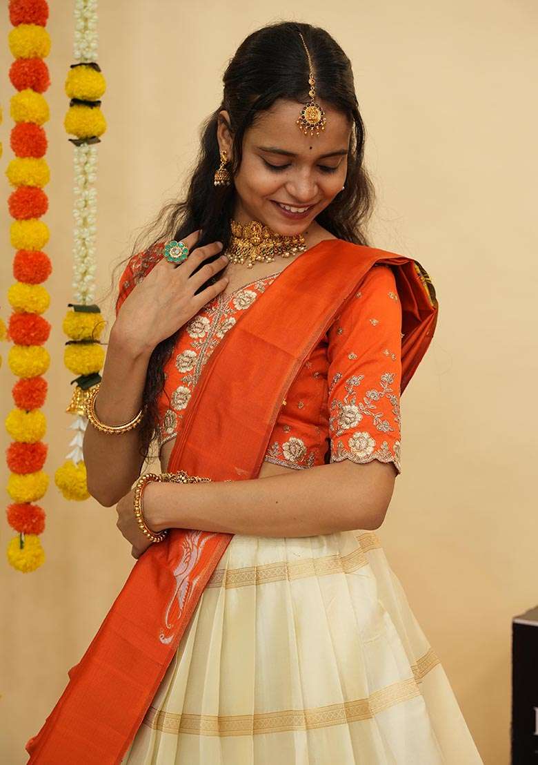 Off White Silk Blend Lehenga Set with Zari Work for Diwali | Wedding & Festive Wear - Indya