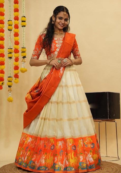 Off White Zari Work Silk Lehenga Set