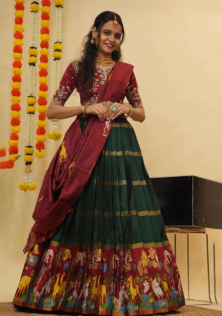 Green Zari Work Silk Blend Lehenga Set for Diwali and Festive Wear - Indya