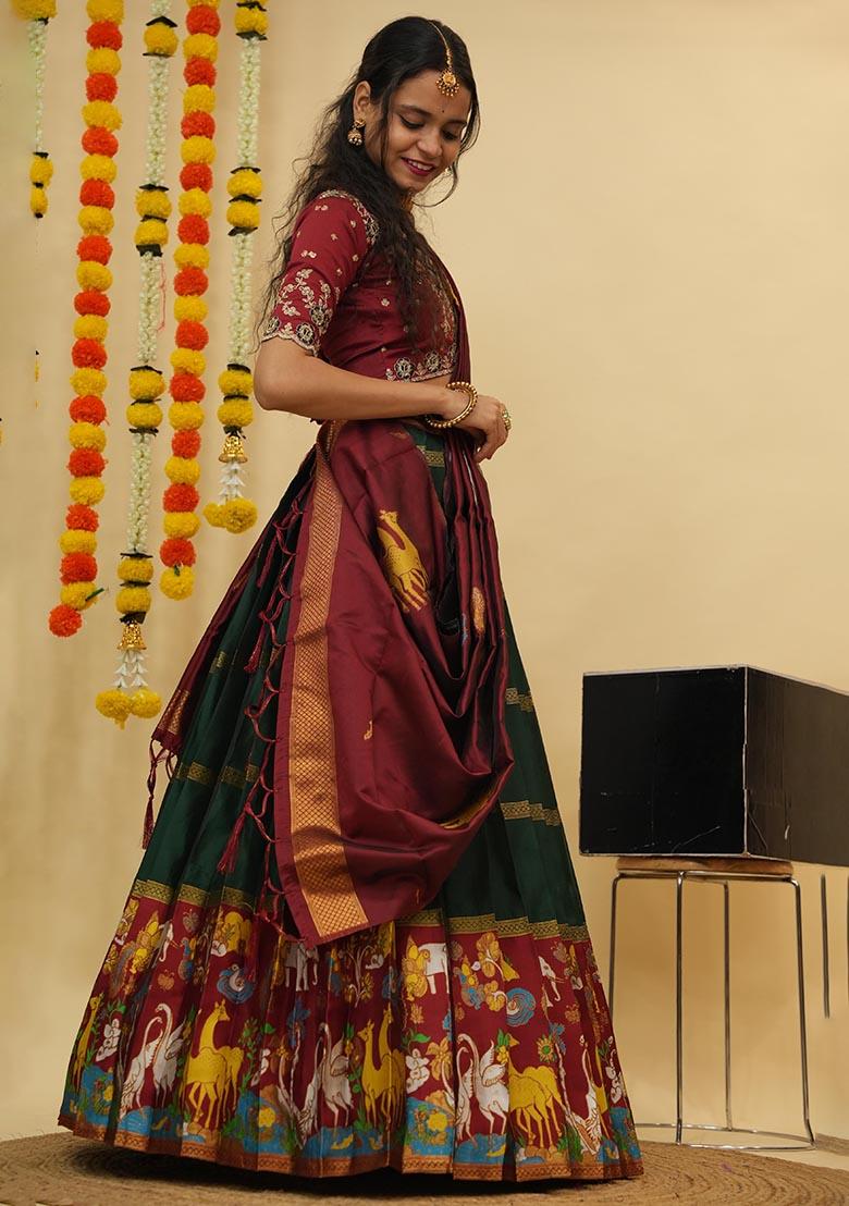 Green Zari Work Silk Lehenga Set - Indya