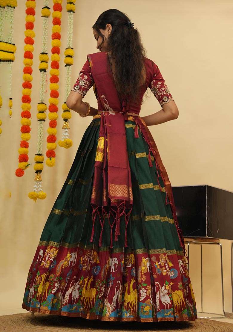 Green Zari Work Silk Blend Lehenga Set for Diwali and Festive Wear - Indya