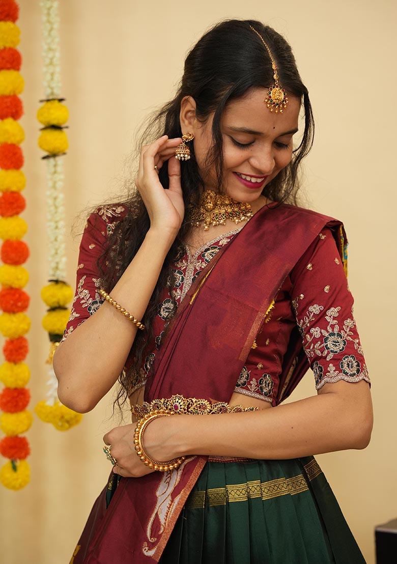 Green Zari Work Silk Lehenga Set - Indya