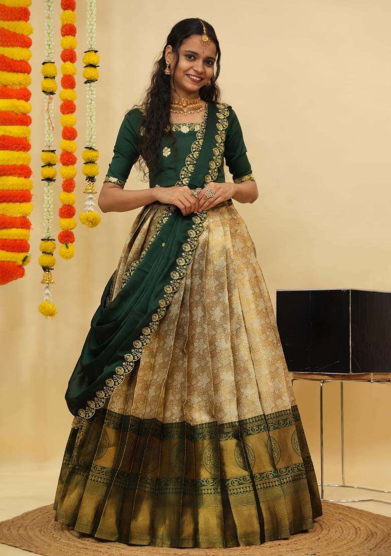 Off White Zari Work Silk Blend Lehenga Set for Diwali and Festive Wear - Indya