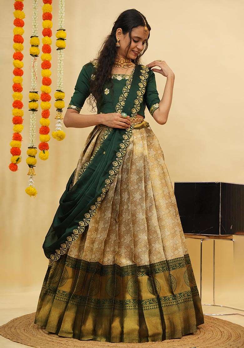 Off White Zari Work Silk Blend Lehenga Set for Diwali and Festive Wear - Indya