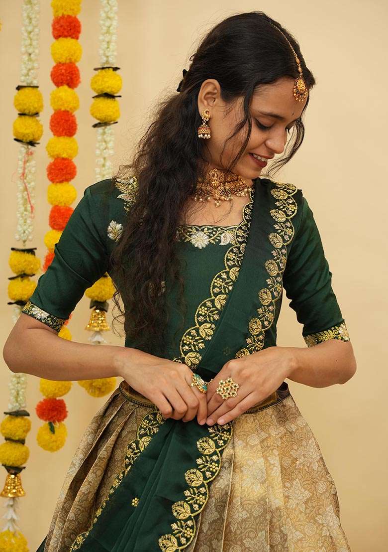 Off White Zari Work Silk Blend Lehenga Set for Diwali and Festive Wear - Indya