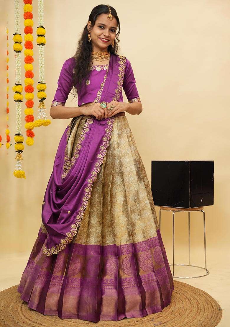 Off White Zari Work Silk Blend Lehenga Set for Diwali and Festive Wear - Indya