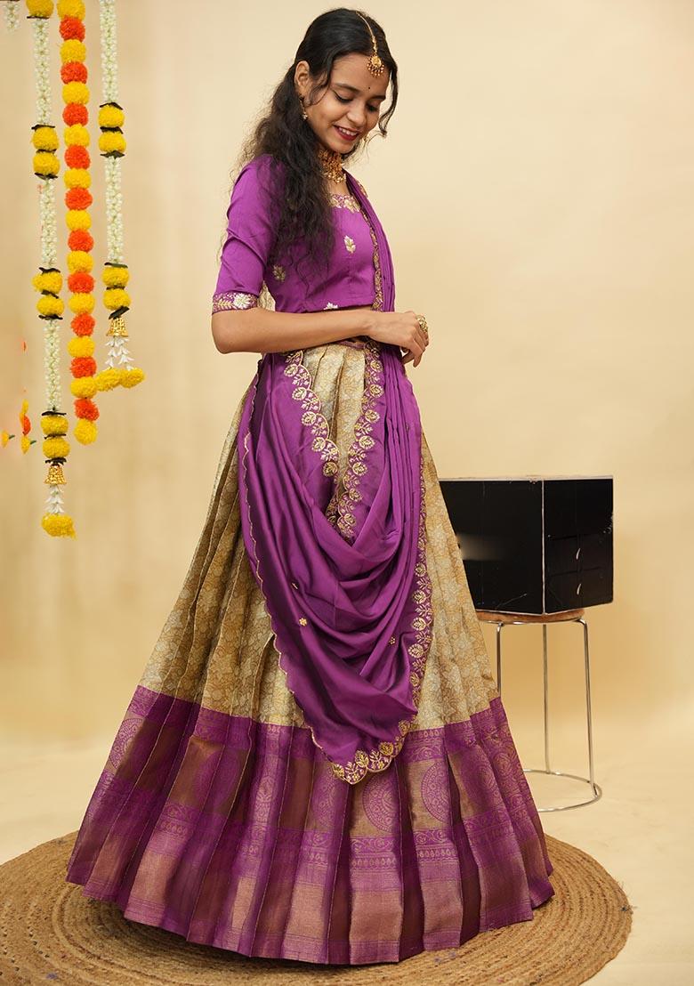 Off White Zari Work Silk Lehenga Set - Indya