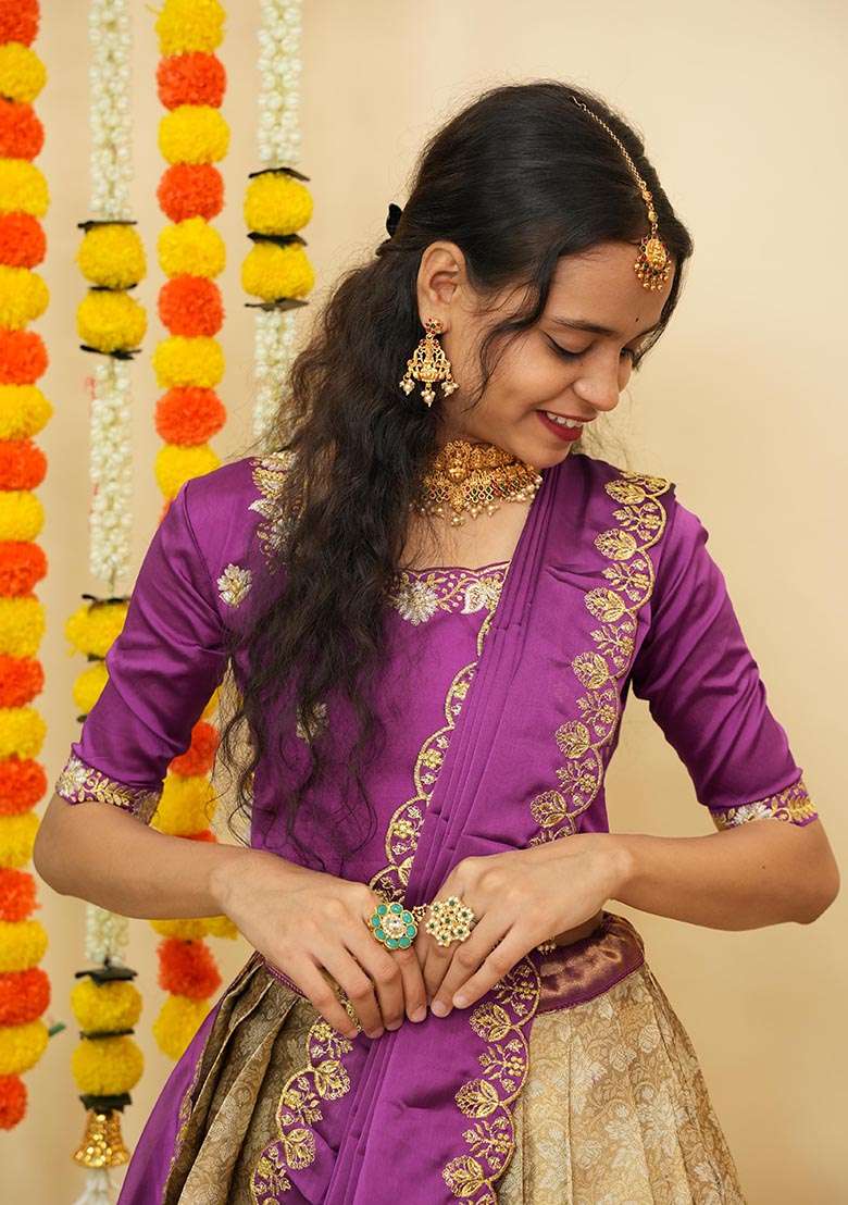 Off White Zari Work Silk Blend Lehenga Set for Diwali and Festive Wear - Indya