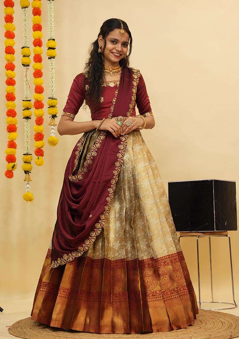 Off White Zari Work Silk Blend Lehenga Set for Diwali and Festive Wear - Indya