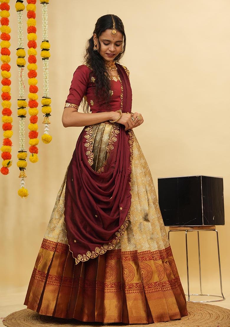 Off White Zari Work Silk Lehenga Set - Indya