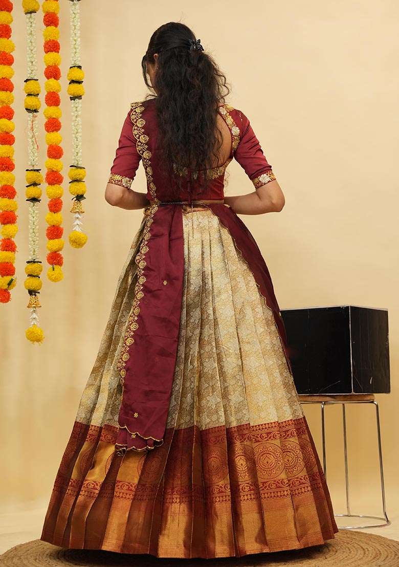 Off White Zari Work Silk Blend Lehenga Set for Diwali and Festive Wear - Indya