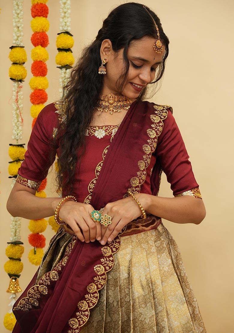 Off White Zari Work Silk Lehenga Set - Indya