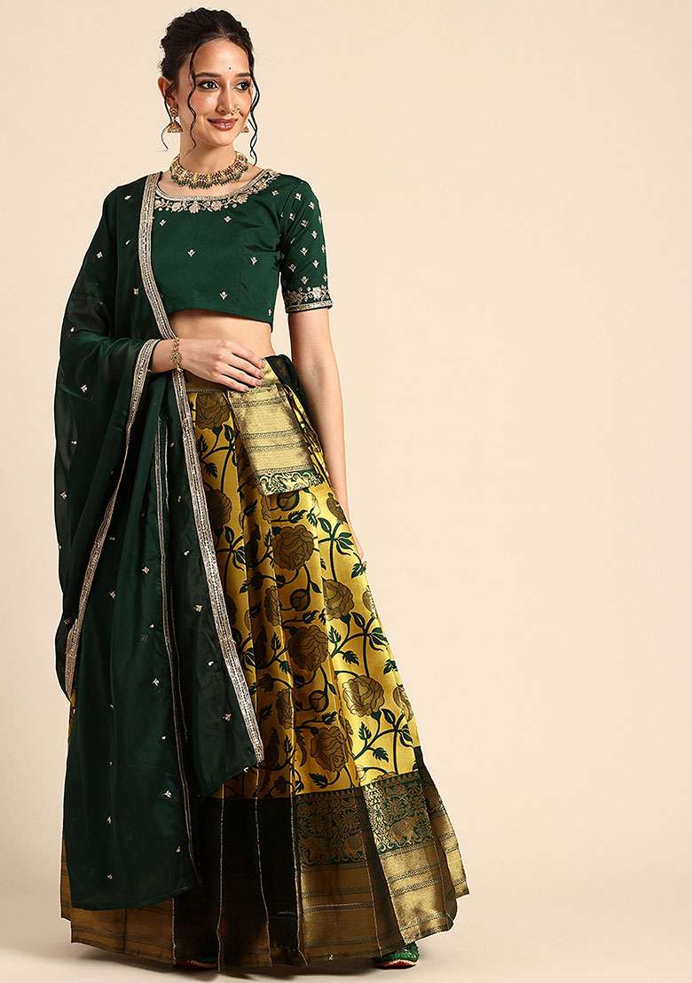 Pista Zari Work Silk Blend Lehenga Set for Diwali and Festive Wear - Indya