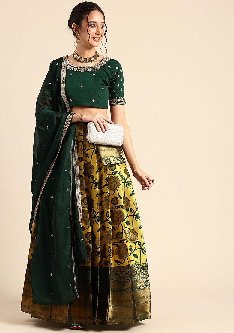 Pista Zari Work Silk Lehenga Set - Indya