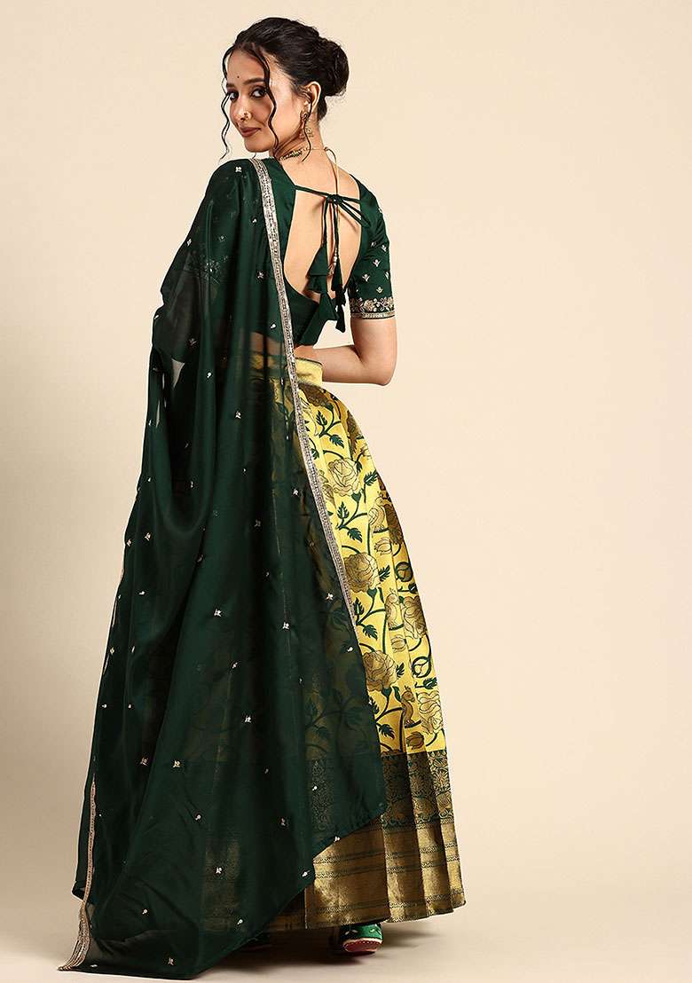 Pista Zari Work Silk Blend Lehenga Set for Diwali and Festive Wear - Indya