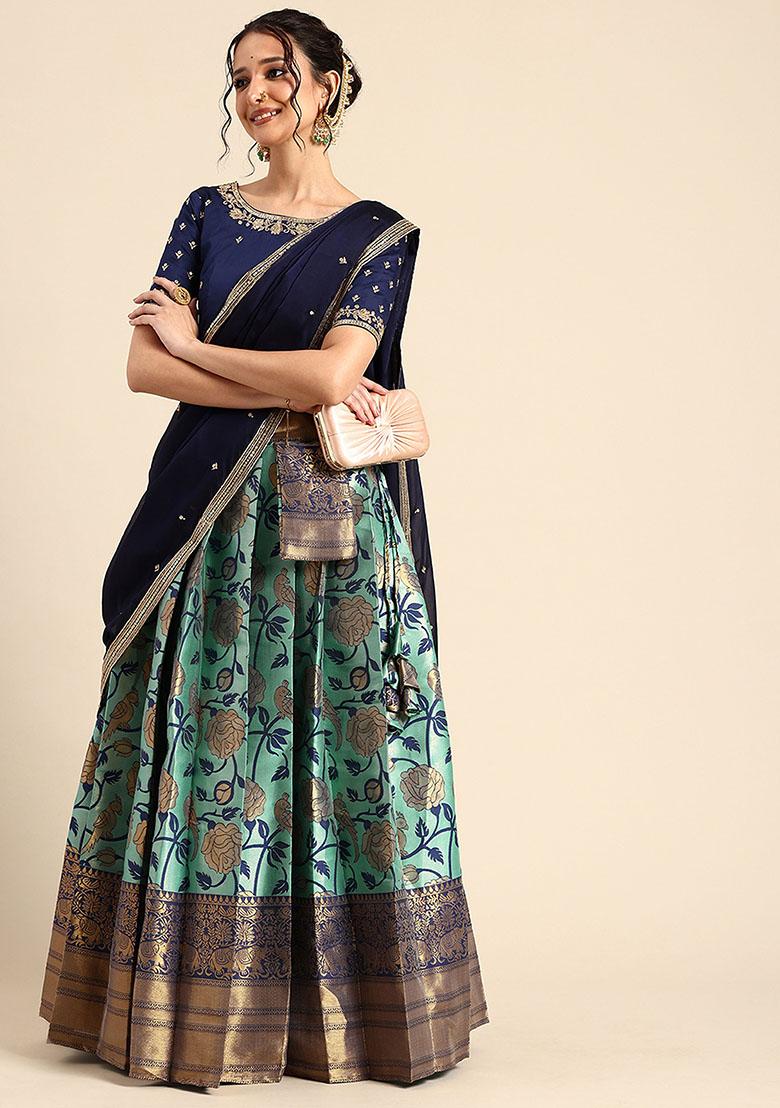 Sky Blue Zari Work Silk Lehenga Set - Indya
