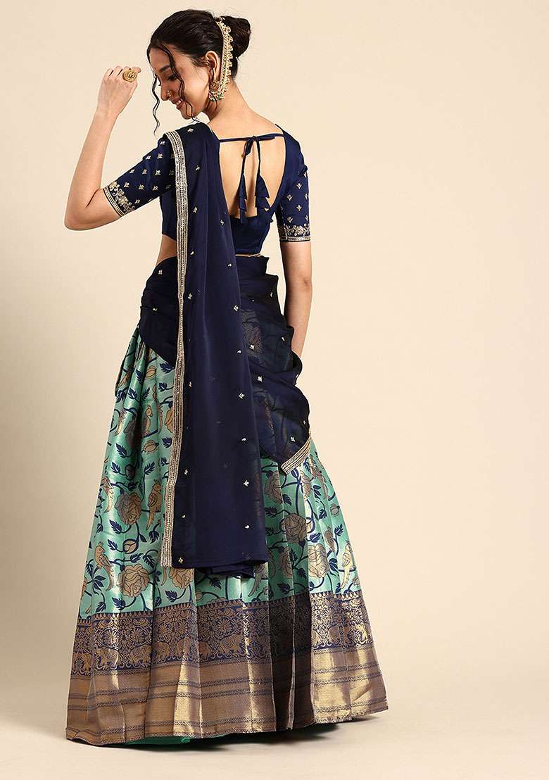 Sky Blue Zari Work Silk Blend Lehenga Set for Diwali and Festive Wear - Indya