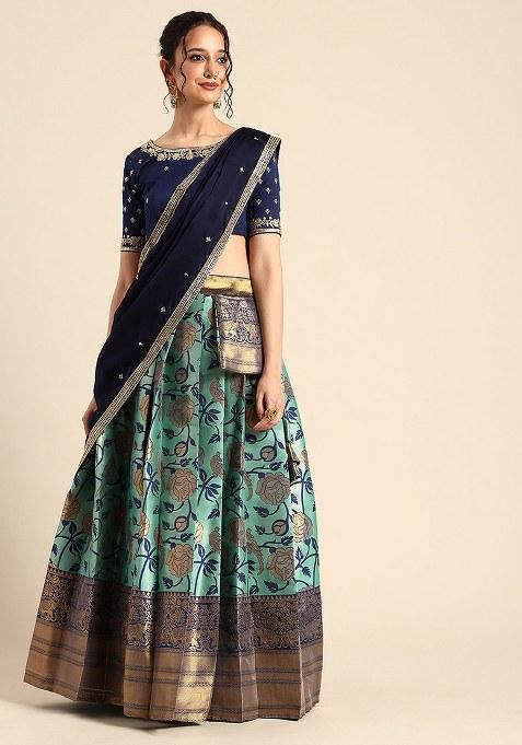 Sky Blue Zari Work Silk Lehenga Set