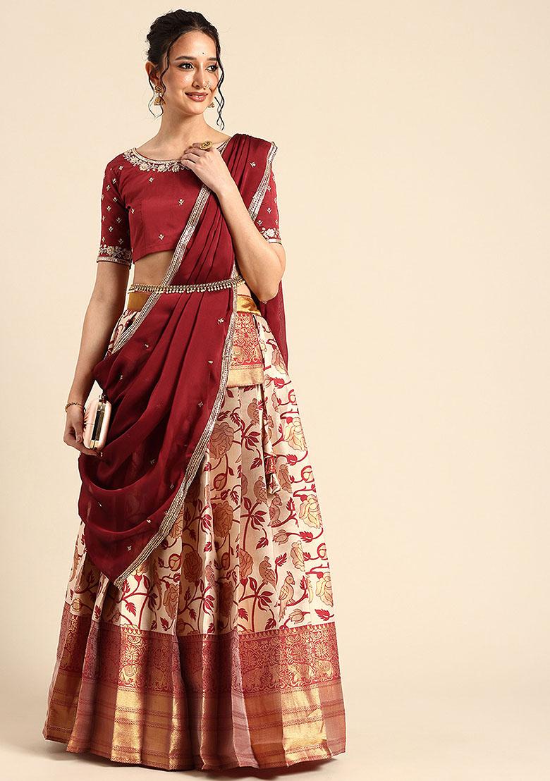 Cream Zari Work Silk Lehenga Set - Indya