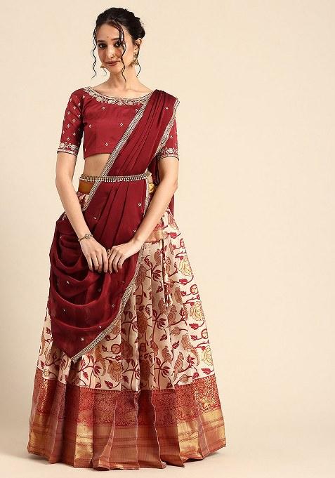 Cream Zari Work Silk Lehenga Set