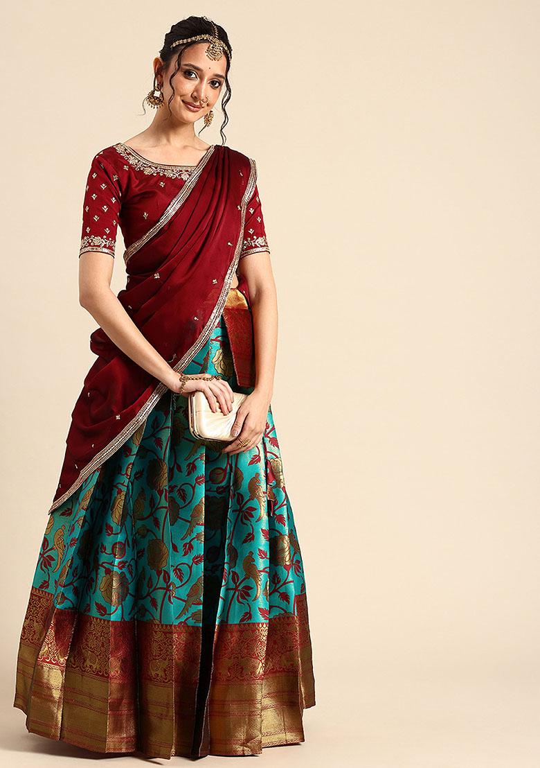 Aqua Zari Work Silk Lehenga Set - Indya