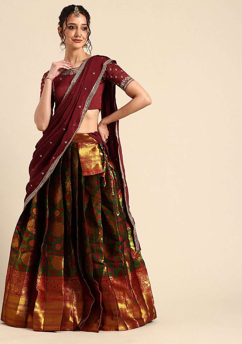 Green Silk Blend Lehenga Set with Zari Work for Diwali | Wedding & Festive Wear - Indya
